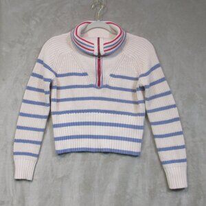 J.Crew Sweater Womens Cream Blue Striped Cotton Cashmere Crop 1/4 Zip Preppy XS